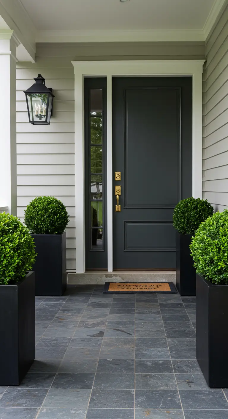 Entrada minimalista con puerta gris oscuro, herrajes dorados y maceteros cuadrados con bojs.