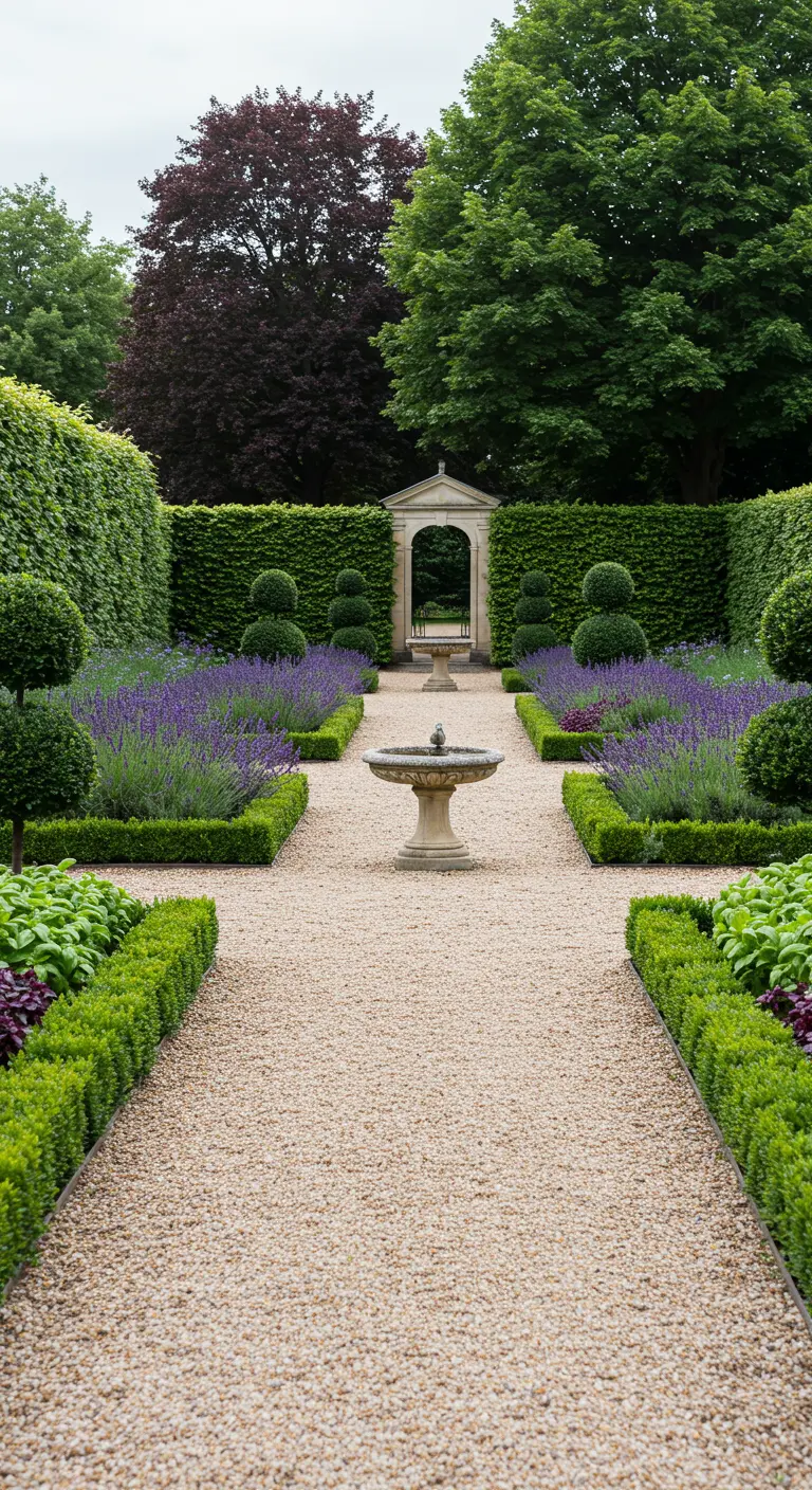Jardín formal con caminos de grava, setos de boj y parterres simétricos de lavanda