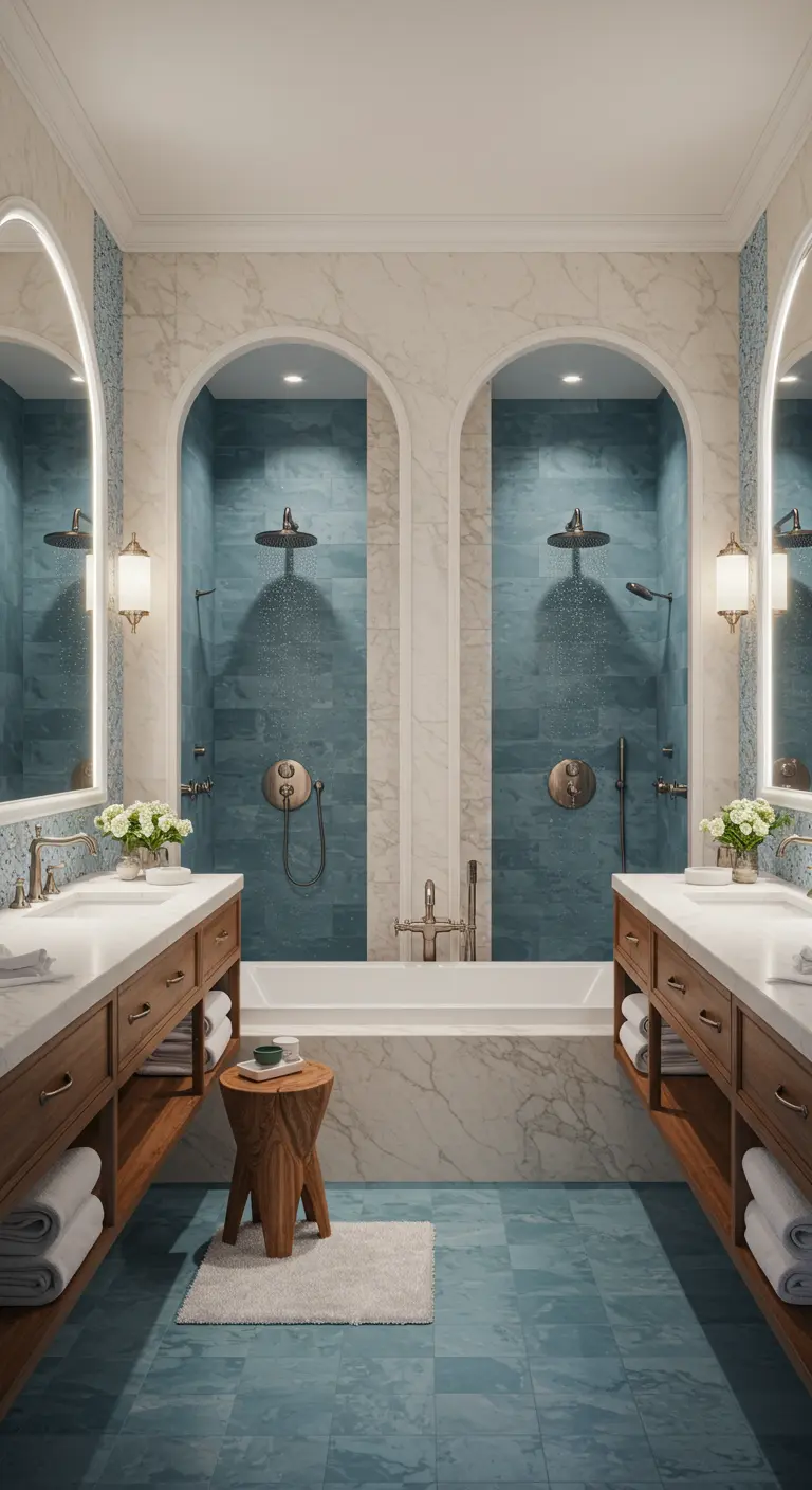 Baño simétrico con dos duchas azules, dos tocadores de madera y una bañera en el centro