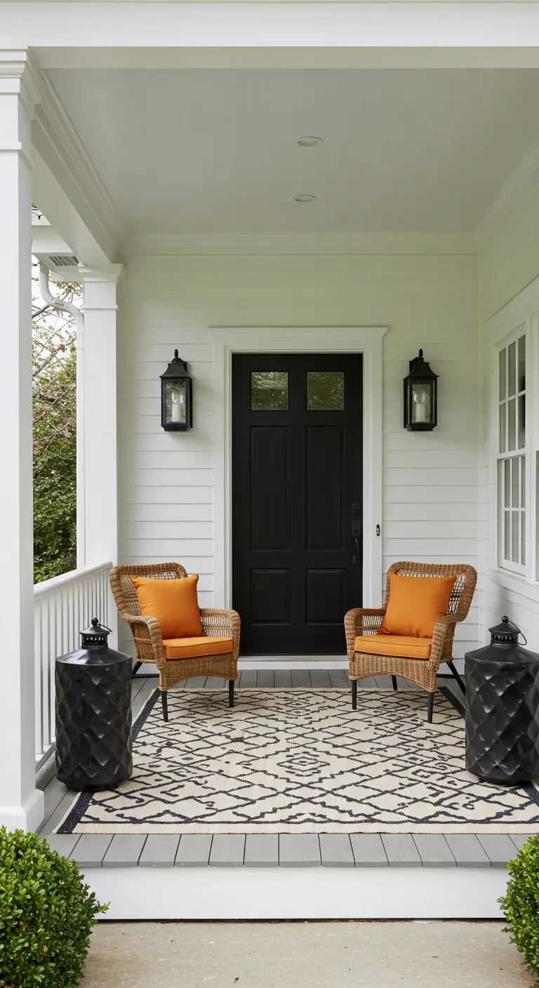 Porche blanco y negro simétrico con sillas de mimbre, cojines naranjas y faroles negros modernos