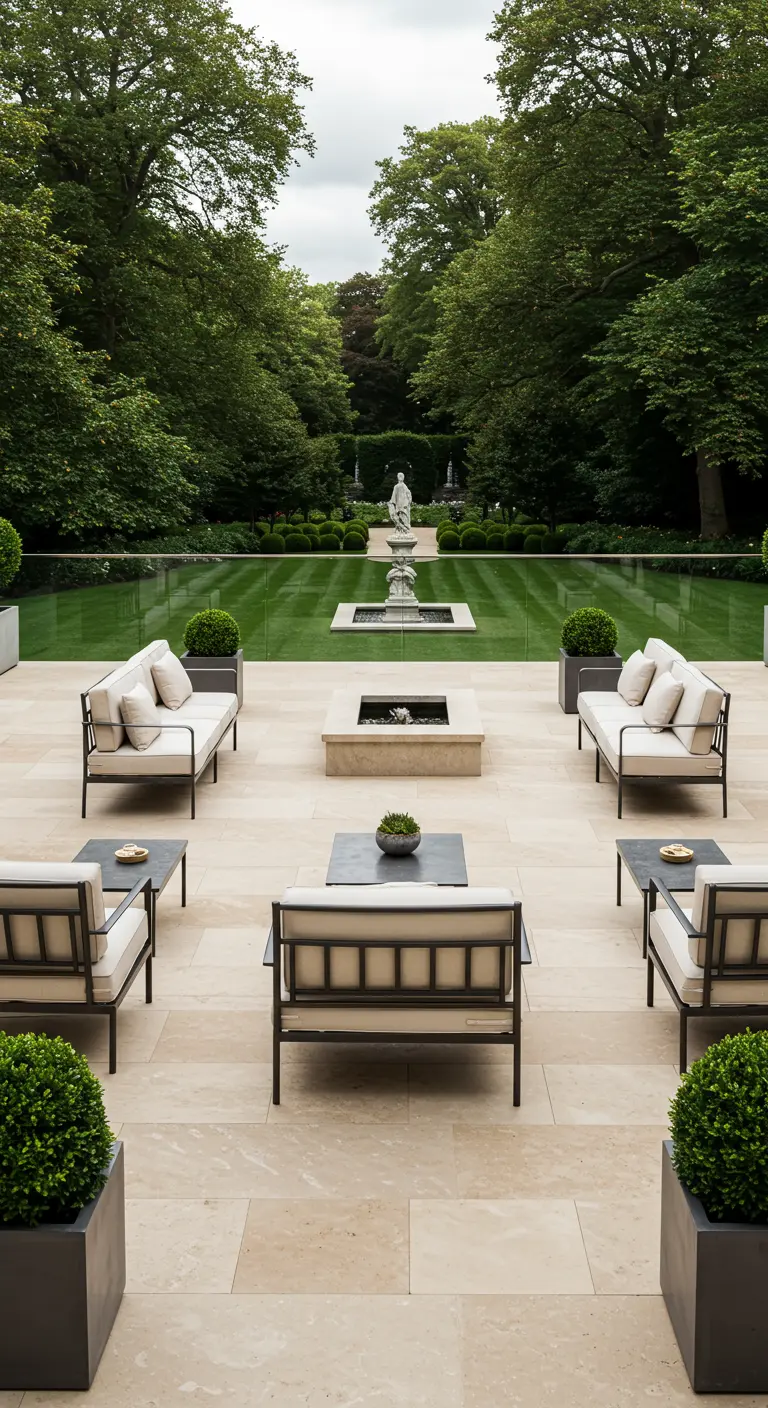 Patio formal con muebles de metal dispuestos simétricamente alrededor de un estanque central