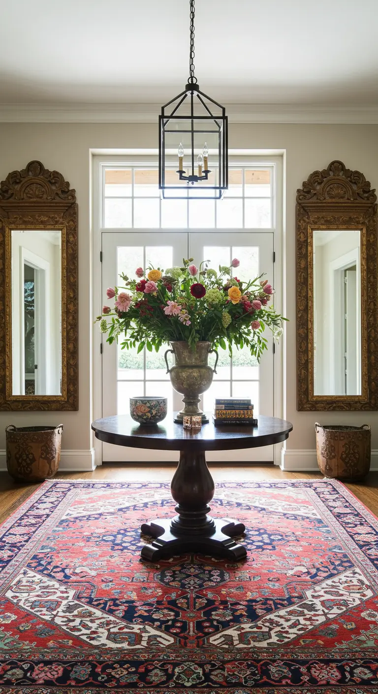 Entrada grande y simétrica con mesa redonda central, dos espejos y una gran alfombra persa.