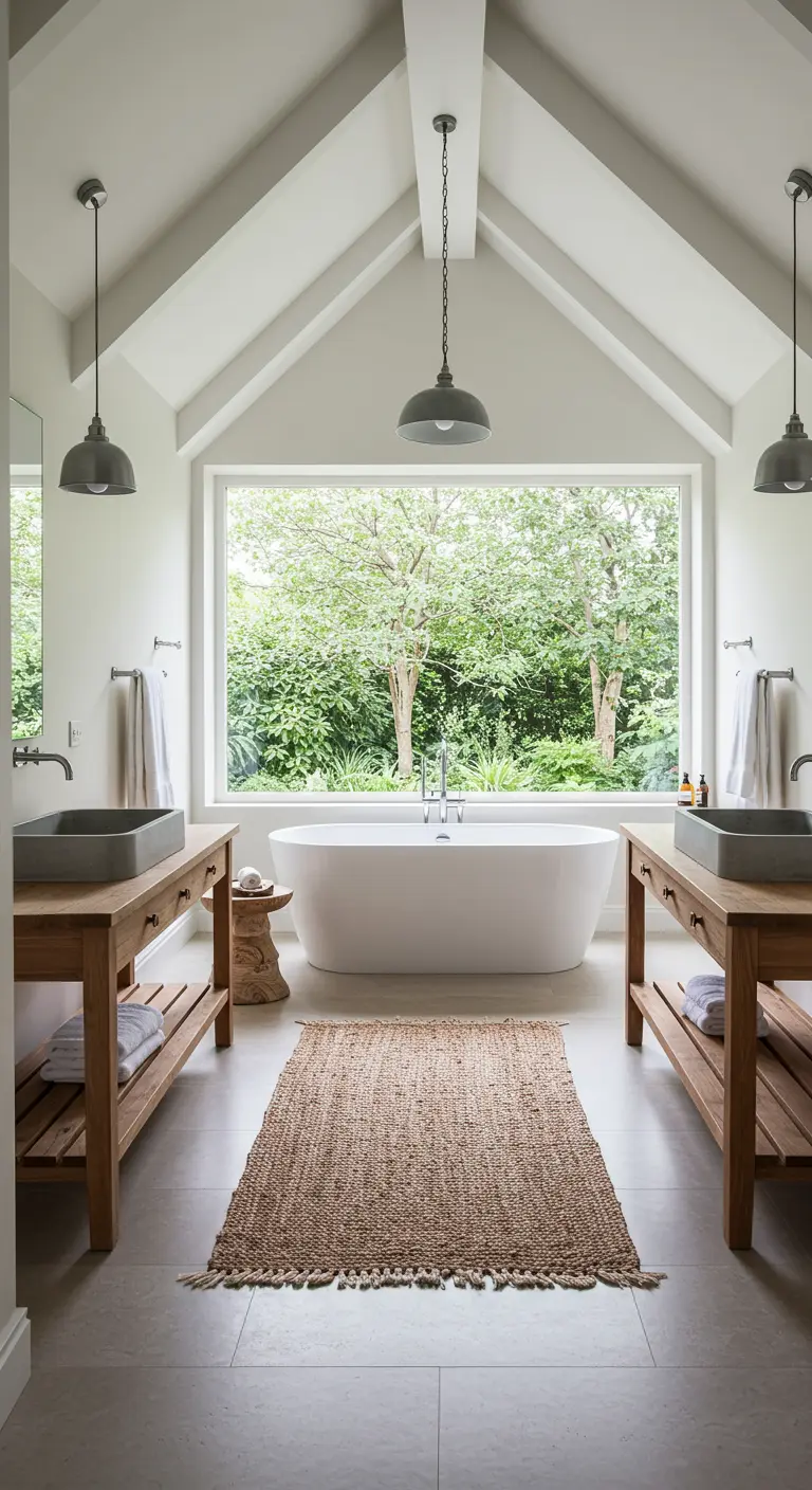 Baño simétrico con techo a dos aguas, dos lavabos y gran ventana con vistas al jardín.
