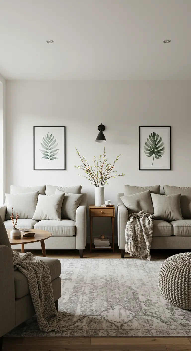 Sala de estar simétrica con dos sofás grises, cada uno con cojines y mantas idénticas.