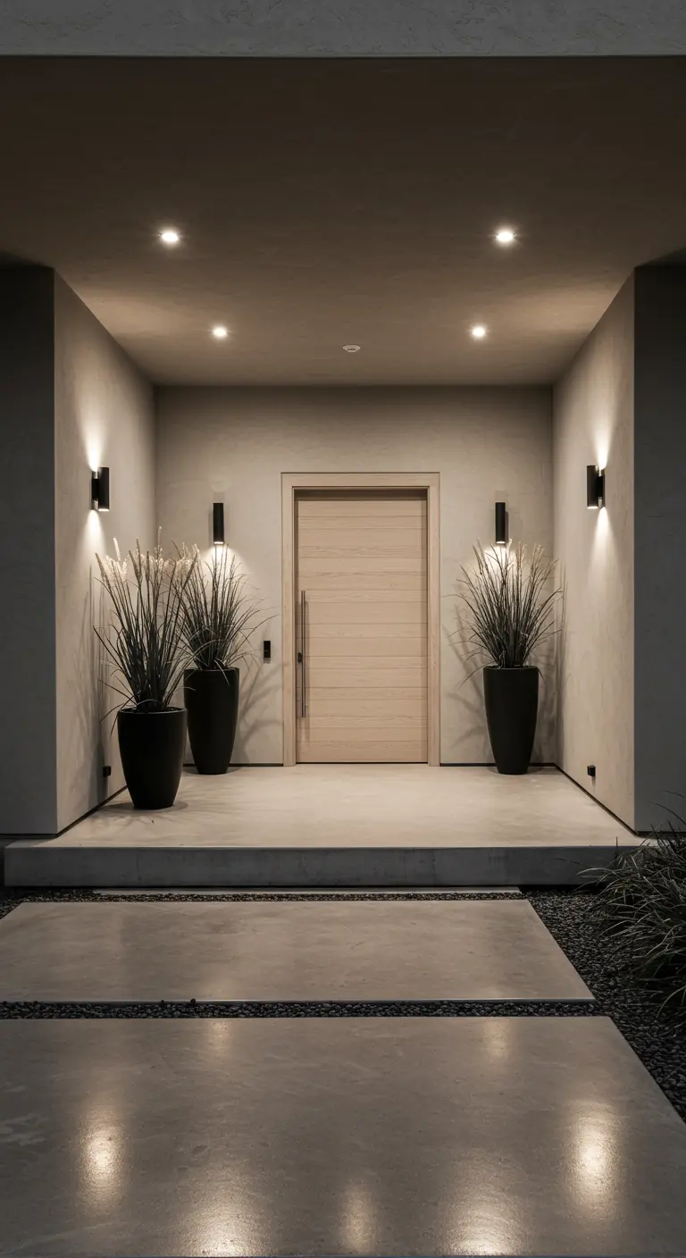 Entrada de porche moderna con macetas negras altas, hierbas ornamentales y luces de pared.