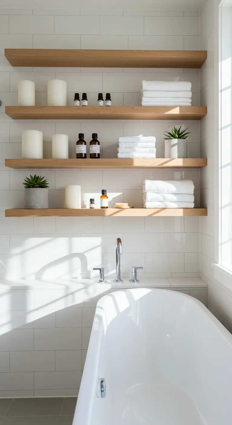 Estantes flotantes de madera clara con velas blancas y toallas apiladas sobre una bañera.