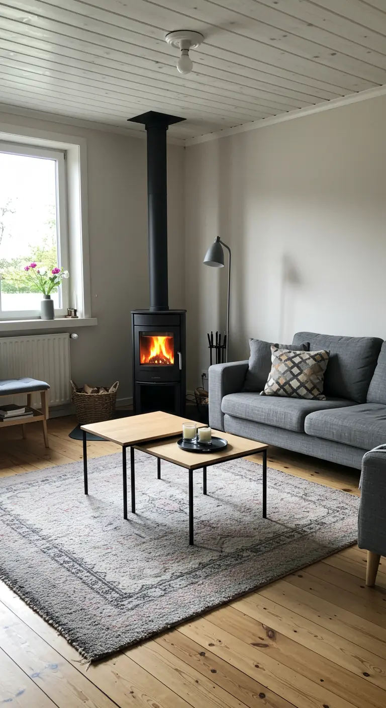 Sala de estar de estilo escandinavo con estufa de leña, sofá gris y suelo de madera clara.