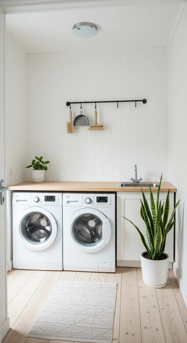 Lavandería minimalista de estilo escandinavo con paredes blancas y encimera de madera clara.