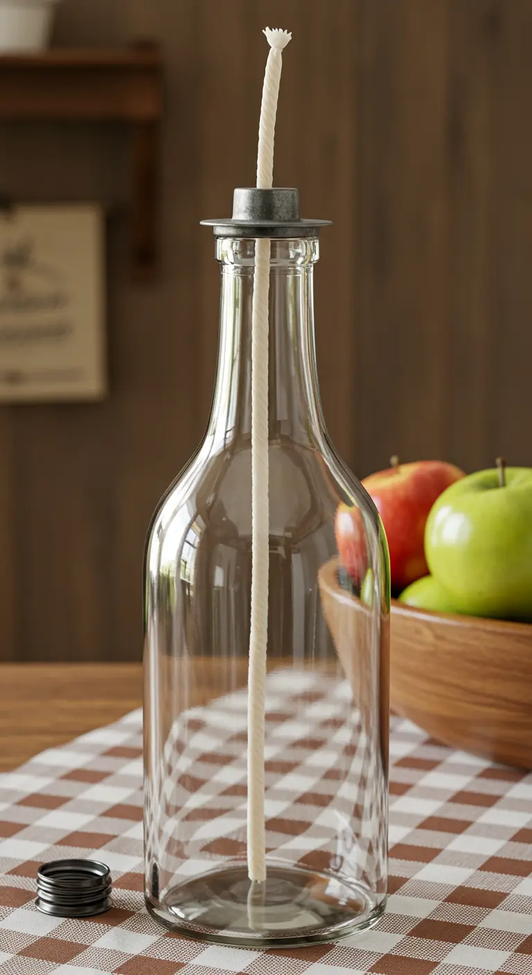 Una botella de vidrio transparente convertida en una lámpara de aceite minimalista con una mecha larga.