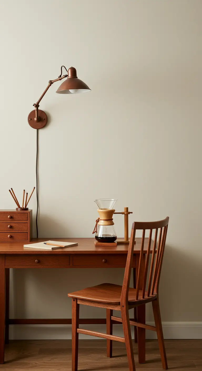 Escritorio de madera de estilo Shaker con una lámpara de pared de cobre y una cafetera de goteo.