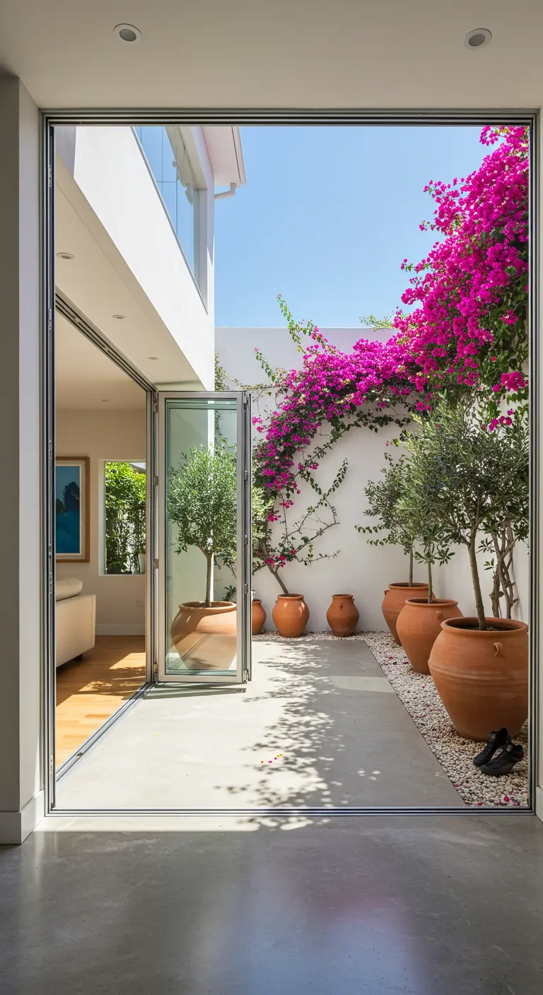 Puertas de cristal plegables que conectan una sala con un patio mediterráneo lleno de plantas.