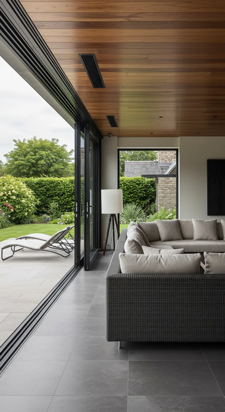 Salón moderno con grandes puertas de cristal que se abren a un jardín, y un sofá modular oscuro.