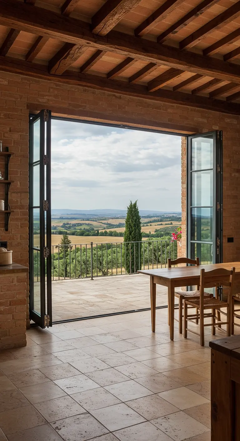 Cocina con grandes puertas de cristal abiertas a un balcón con vistas a las colinas.