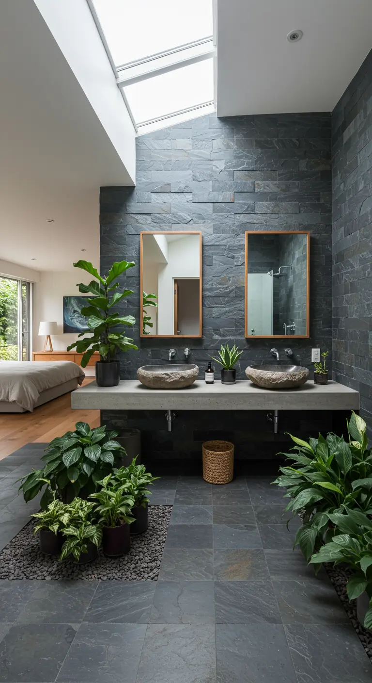 Baño abierto con paredes de pizarra, dos lavabos de piedra y plantas en el suelo.