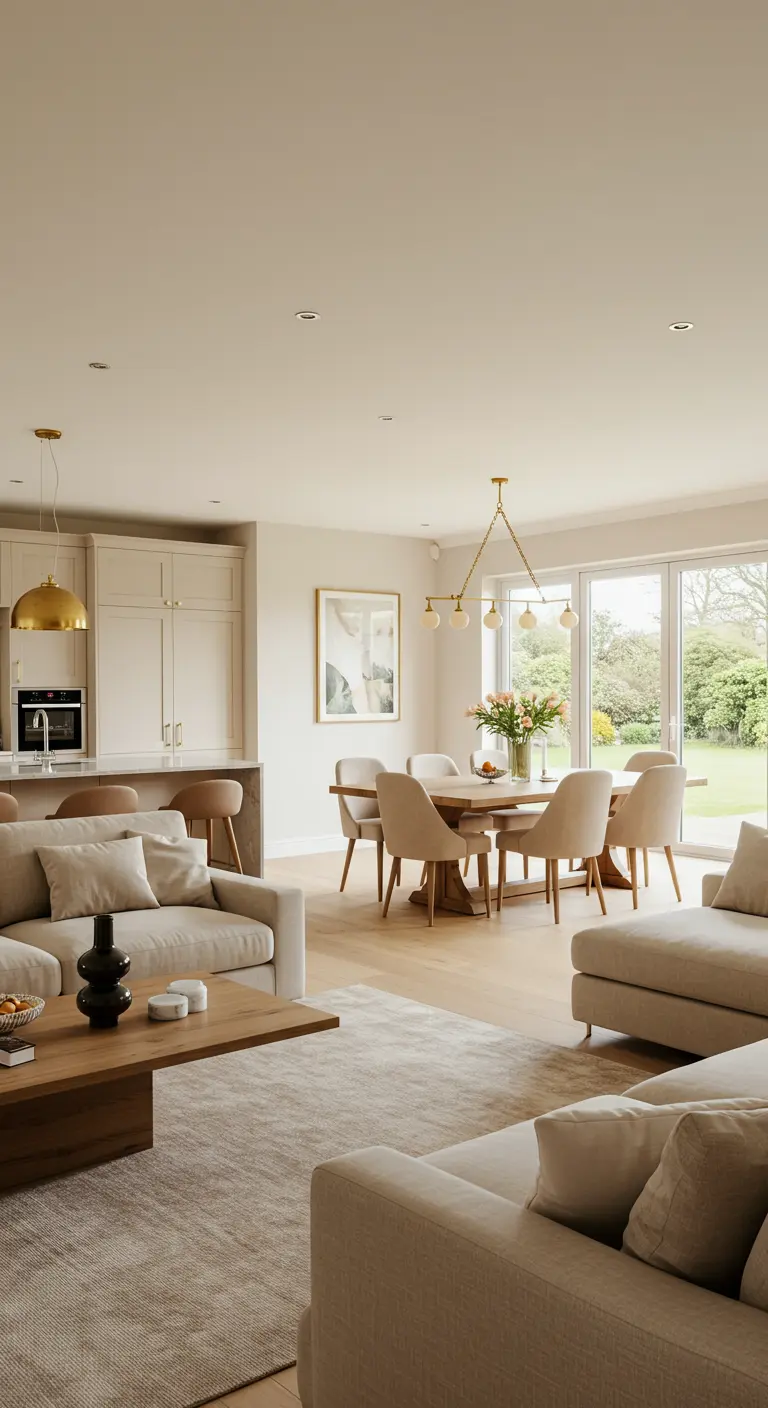 Espacio de concepto abierto con cocina, comedor y sala en tonos beige.