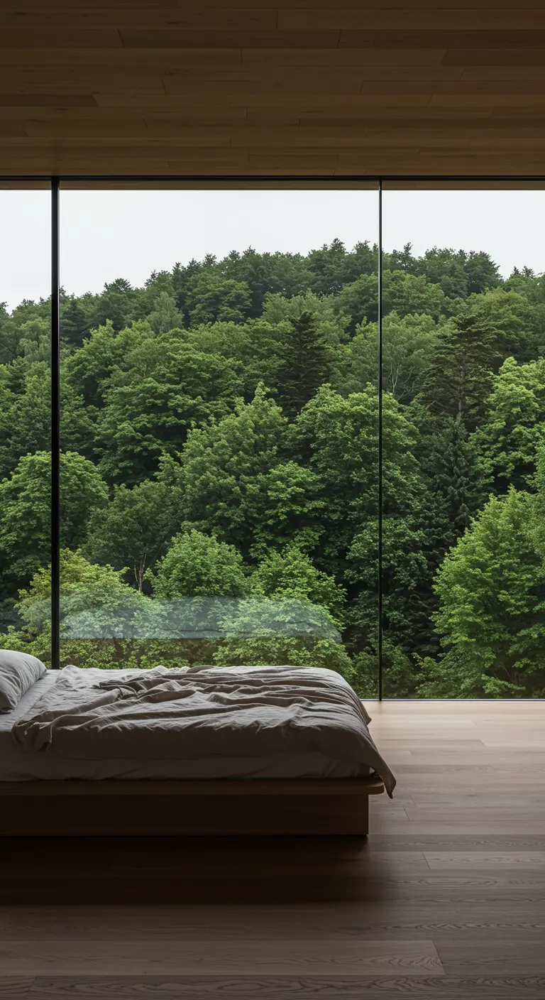 Cama minimalista frente a una pared de cristal con vistas a un frondoso bosque.
