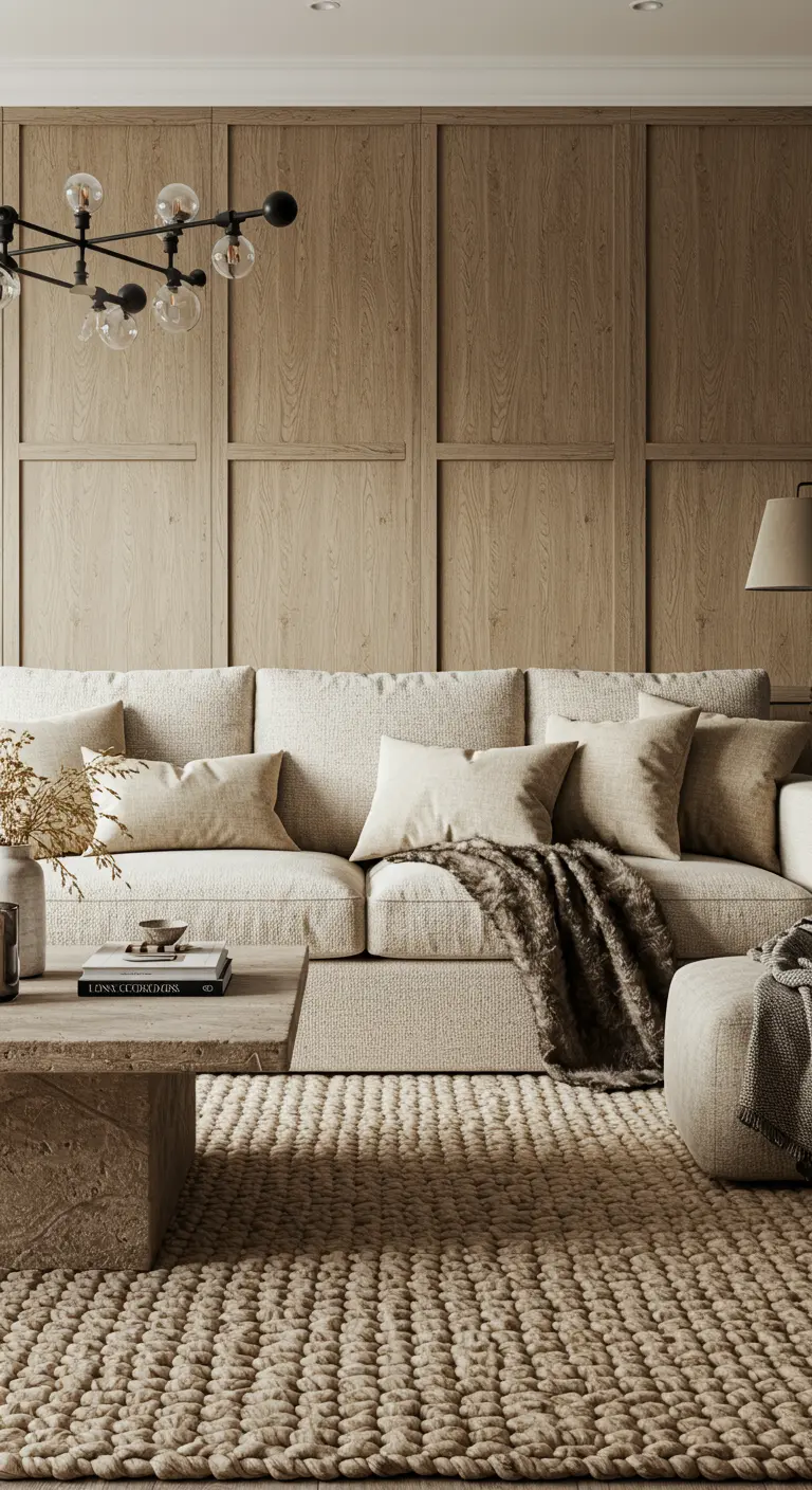 Sala monocromática en tonos beige con pared de listones de madera y alfombra de lana gruesa.