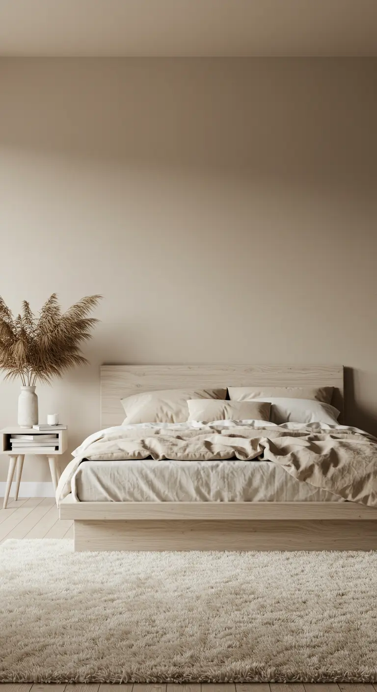 Dormitorio monocromático en tonos beige con diferentes texturas en la ropa de cama y alfombra.