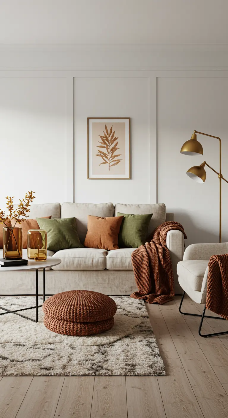 Sofá beige con cojines en tonos verde oliva y terracota, y un puf de punto a juego.