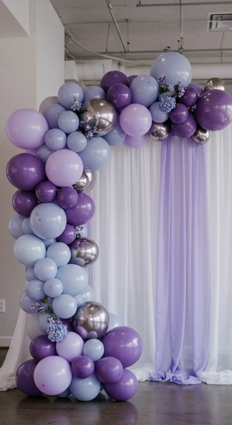 Arco de globos en tonos morados y plateados con flores y tela.