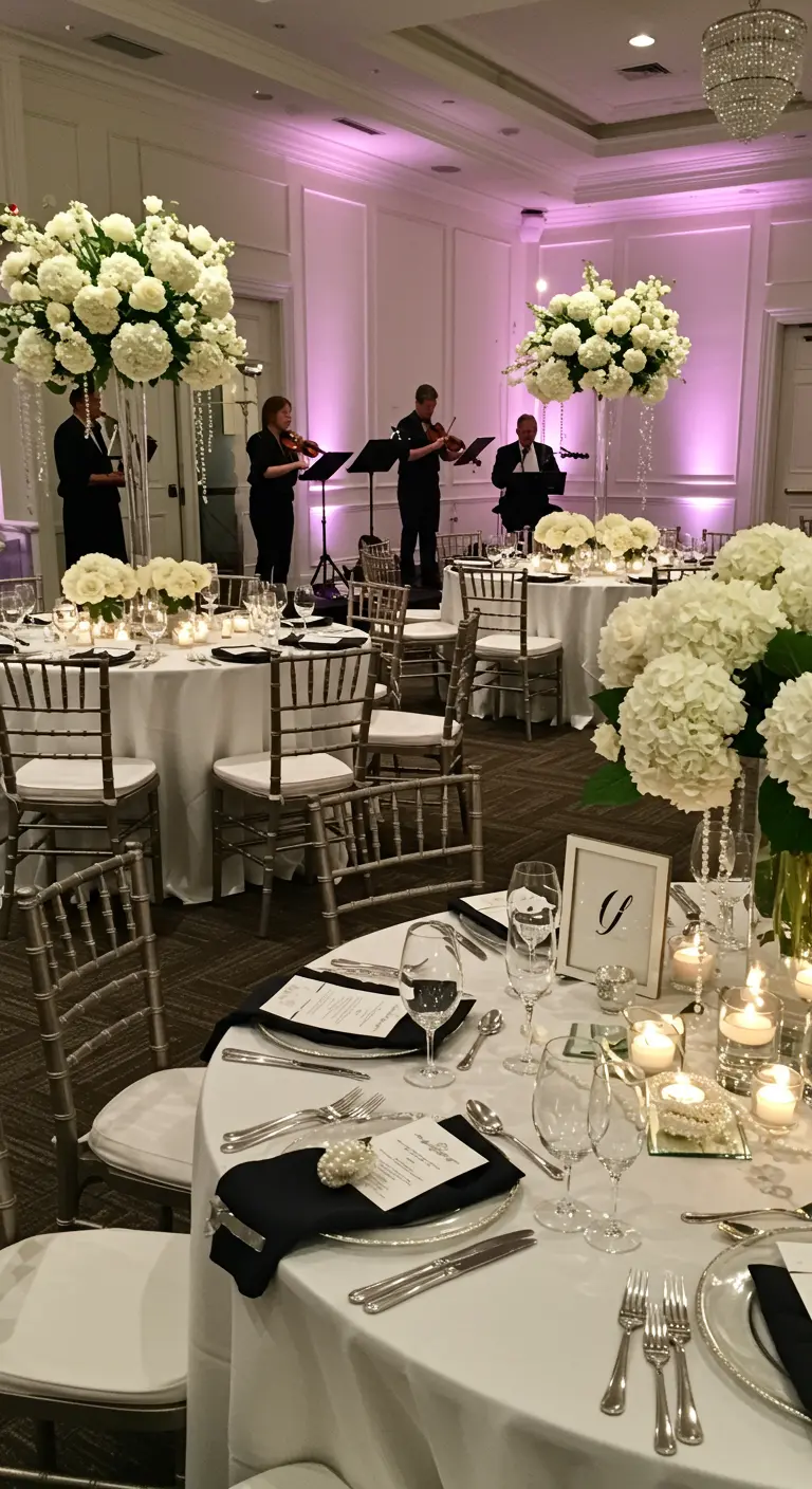 Recepción elegante con altos centros de mesa de flores blancas y sillas plateadas.