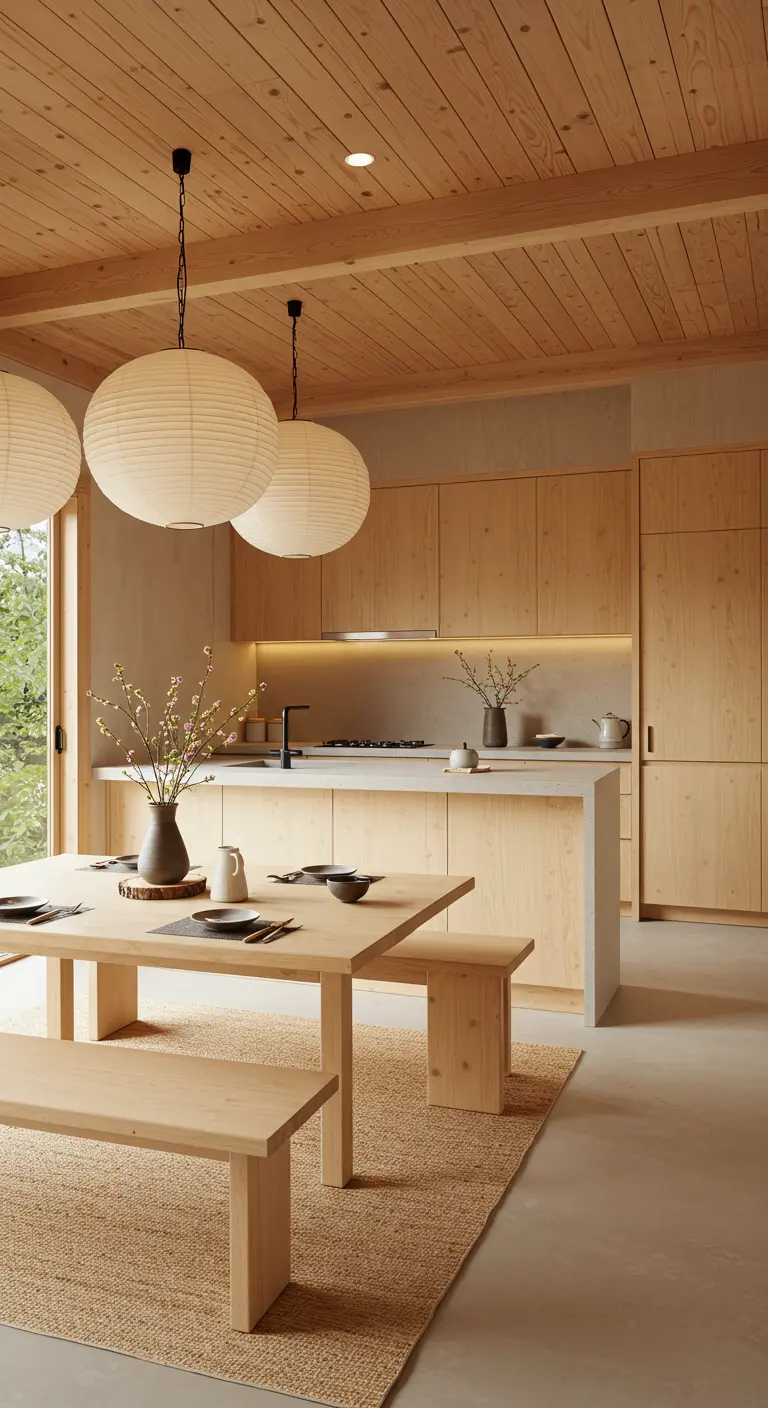 Espacio de cocina y comedor estilo Japandi con muebles de madera clara y lámparas de papel.