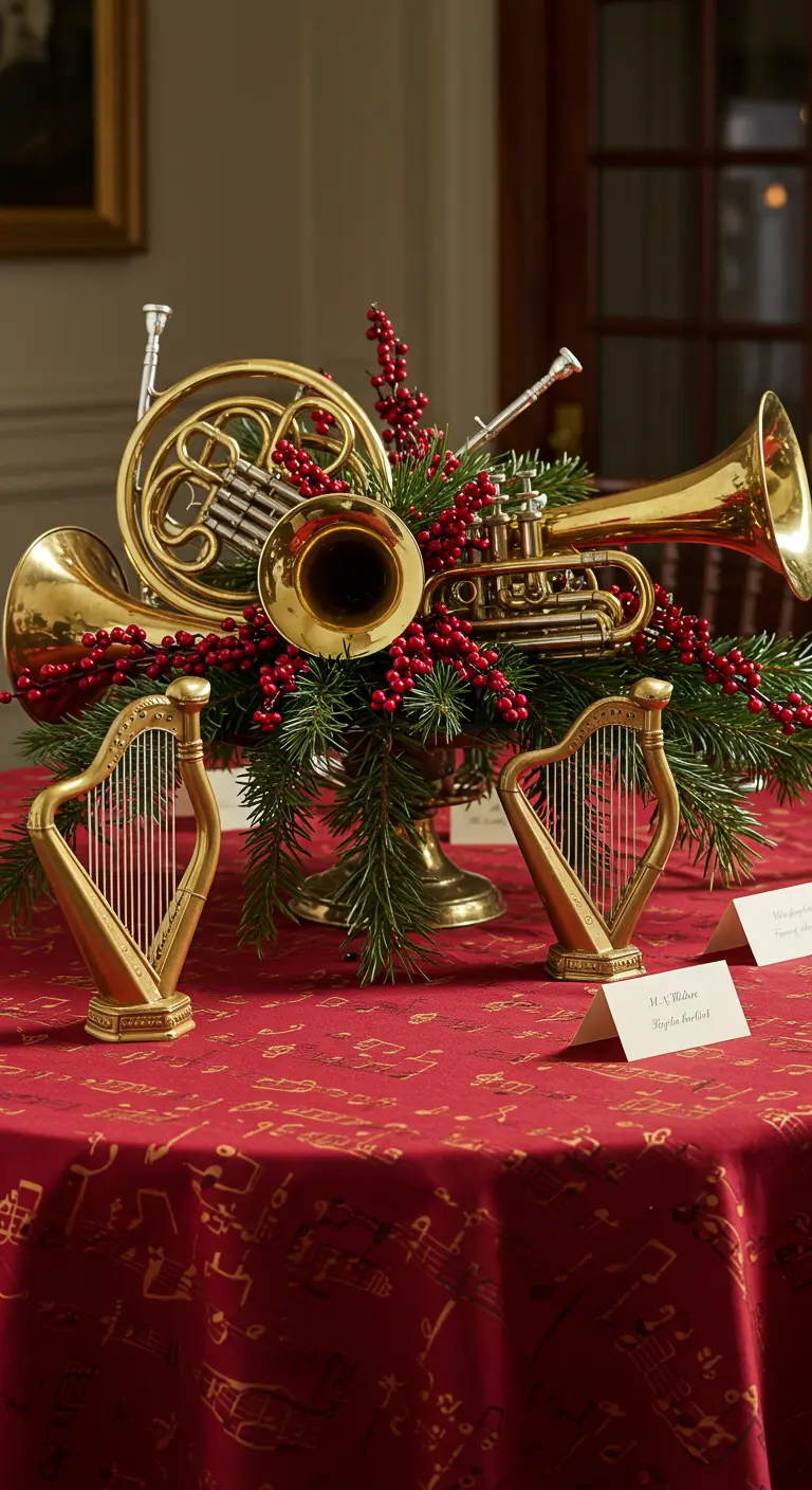 Centro de mesa con instrumentos musicales dorados y bayas rojas sobre un mantel estampado.