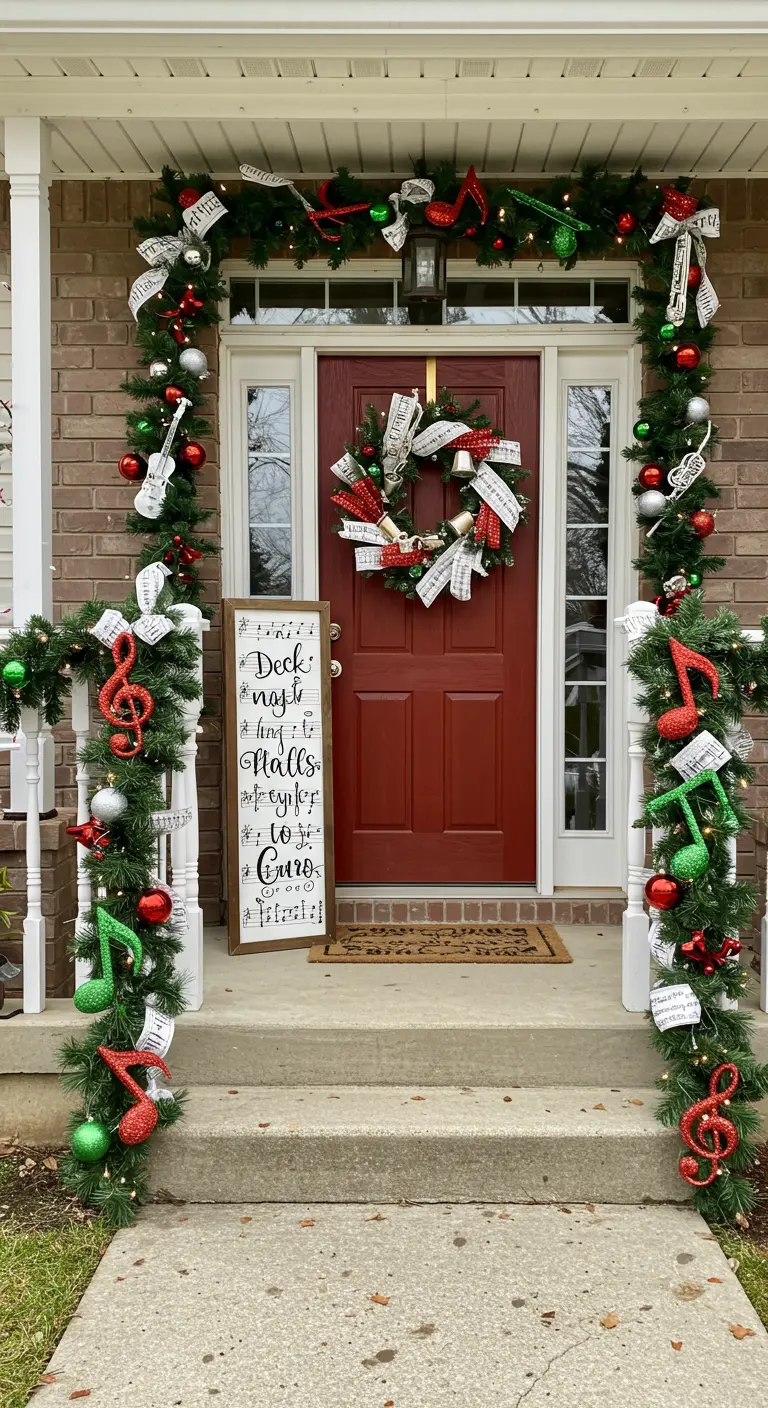 Porche decorado con temática musical, con notas y clave de sol en rojo, verde y plata.