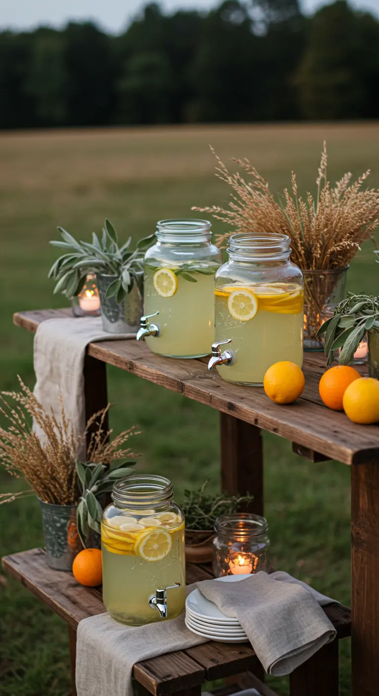 Mesa de madera rústica de dos niveles con limonada, salvia y trigo seco.
