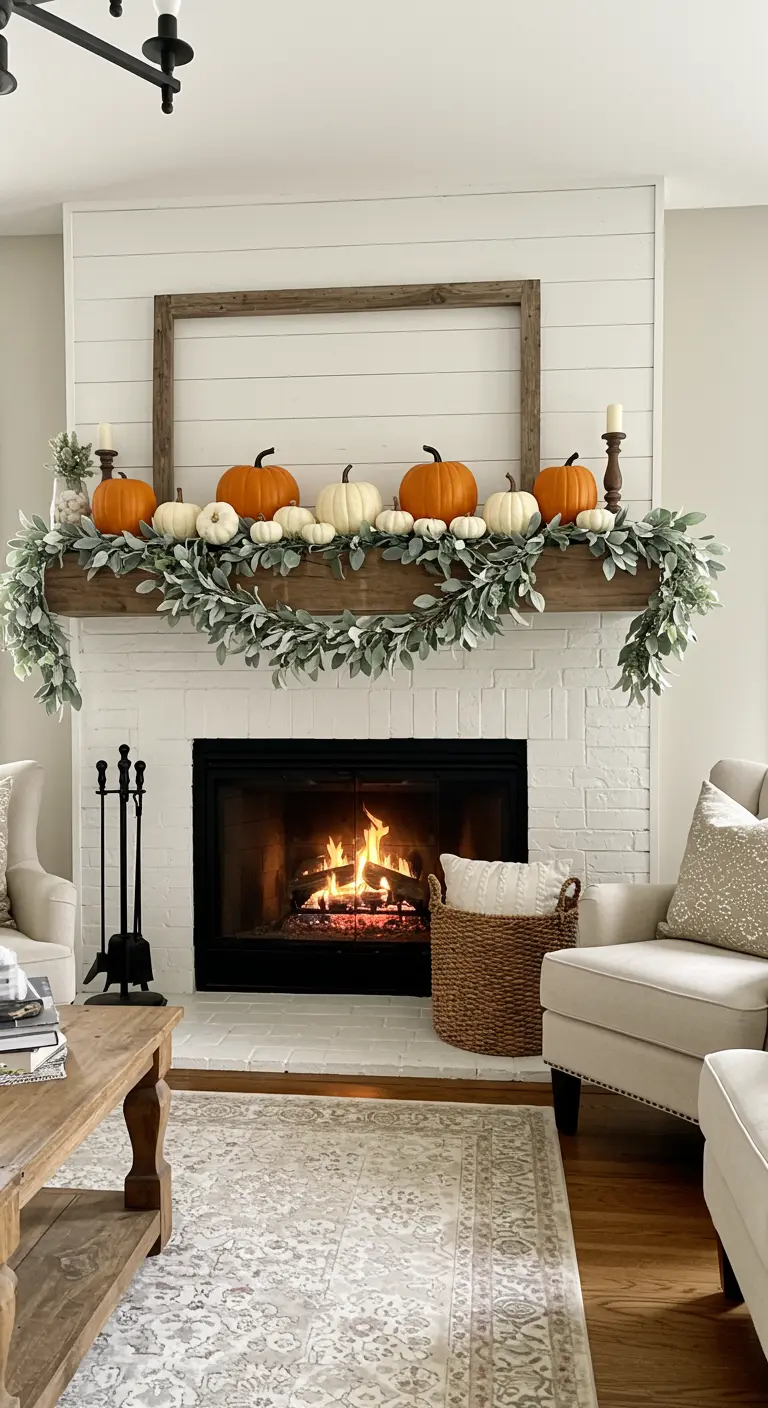 Chimenea de ladrillo blanco con repisa de madera, guirnalda de eucalipto y calabazas naranjas y blancas.