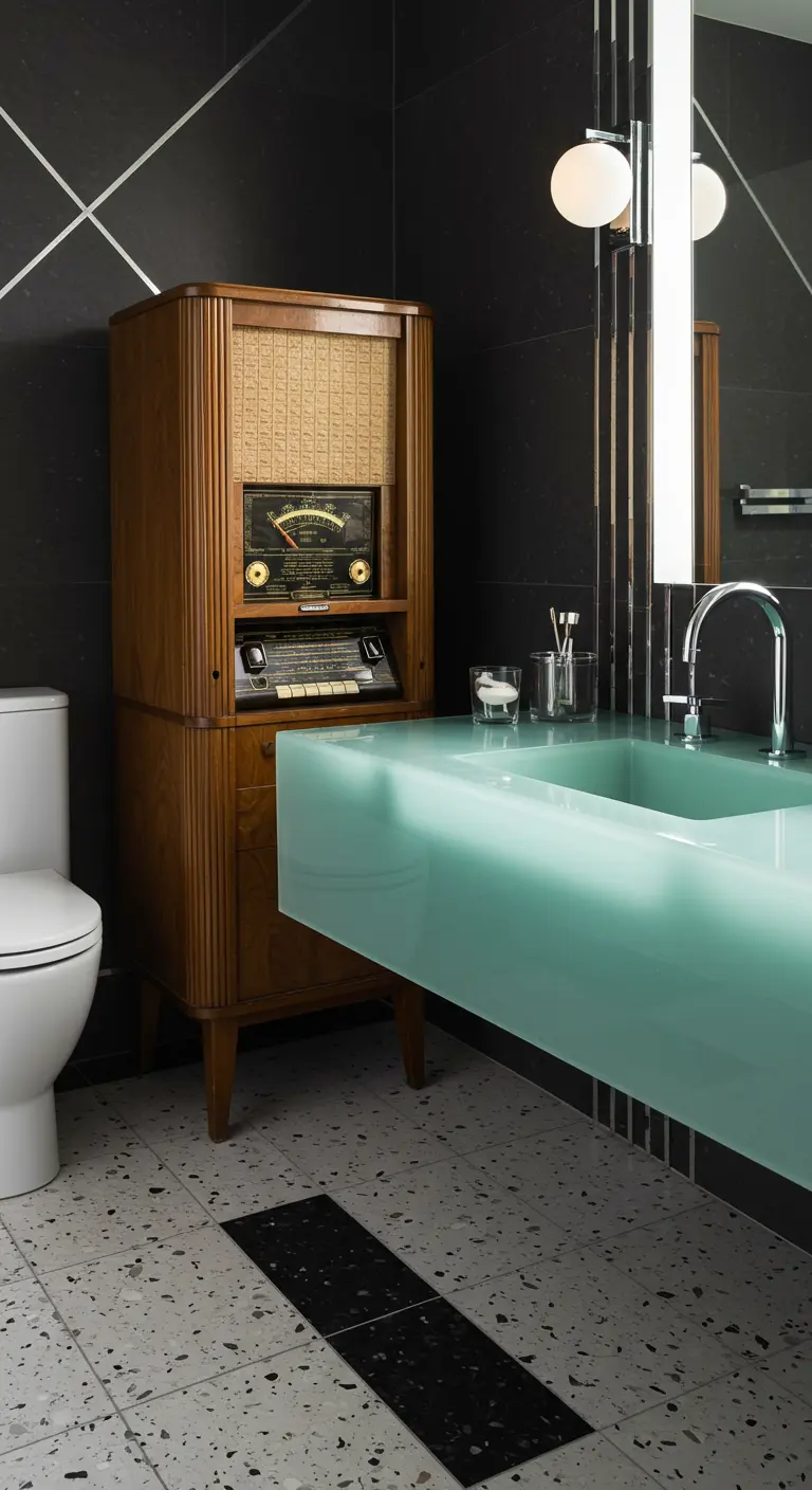 Baño moderno con un mueble de radio antiguo de madera como elemento de almacenaje.