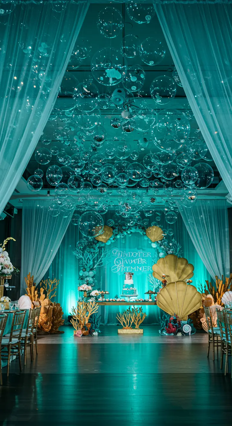 Fiesta temática bajo el mar con burbujas de cristal, iluminación turquesa y conchas doradas.