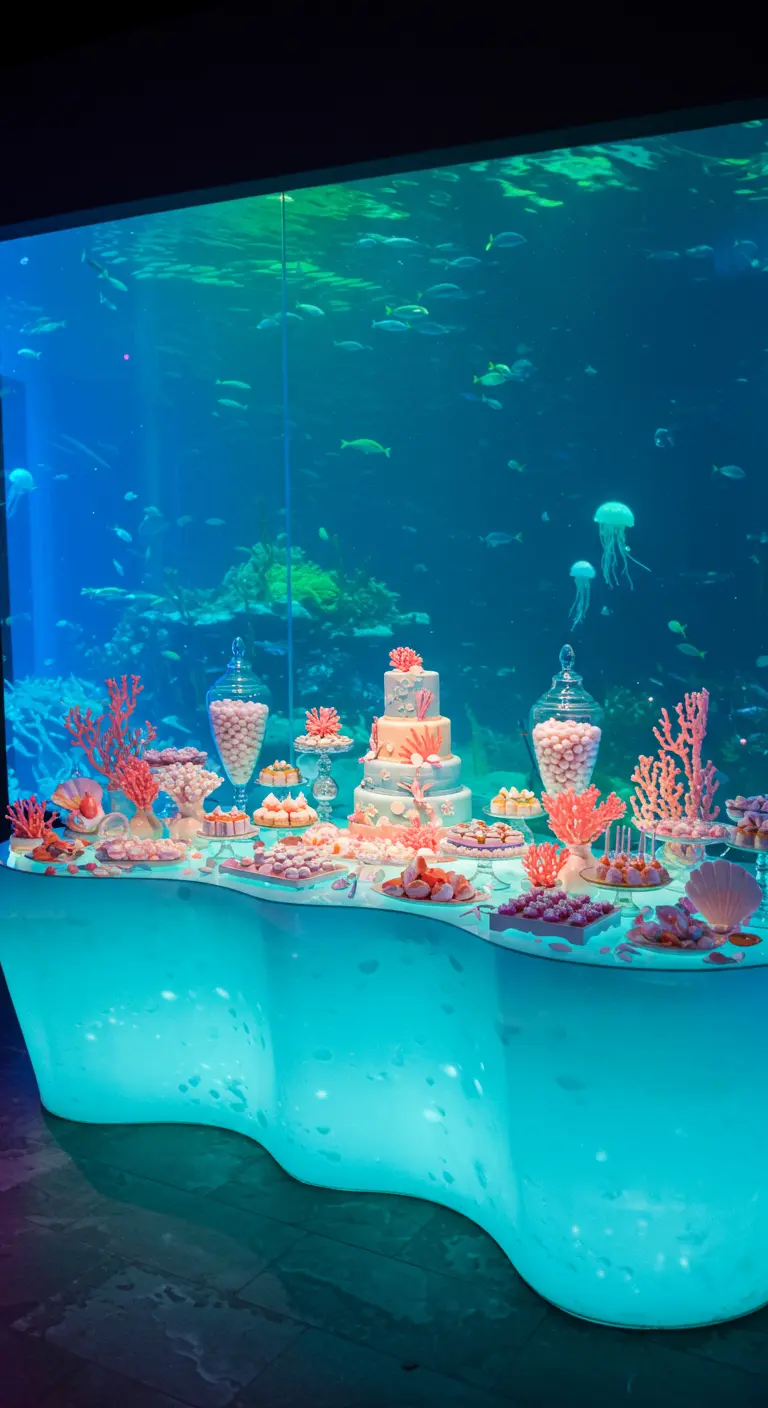 Mesa de dulces submarina frente a un acuario, con corales y una base iluminada en azul.