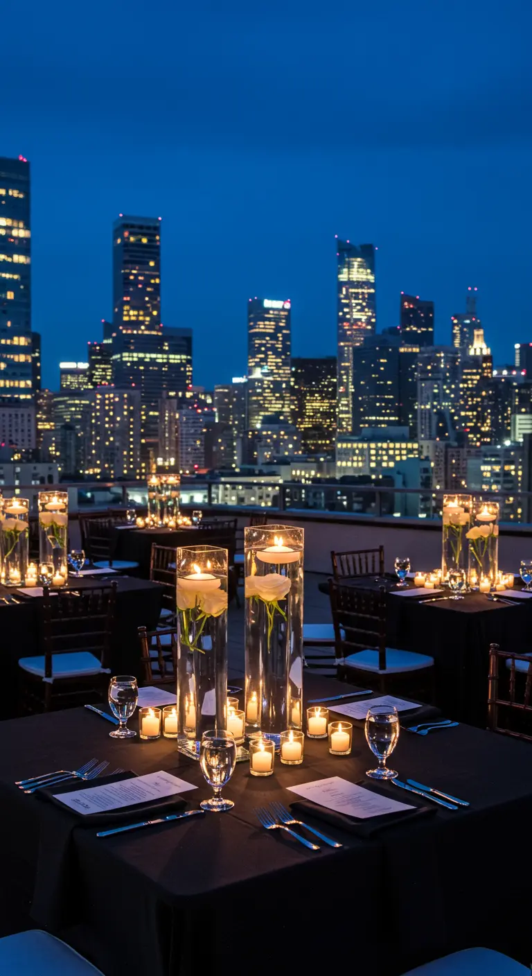 Cena en una azotea con vistas a la ciudad, decorada con altas velas flotantes.