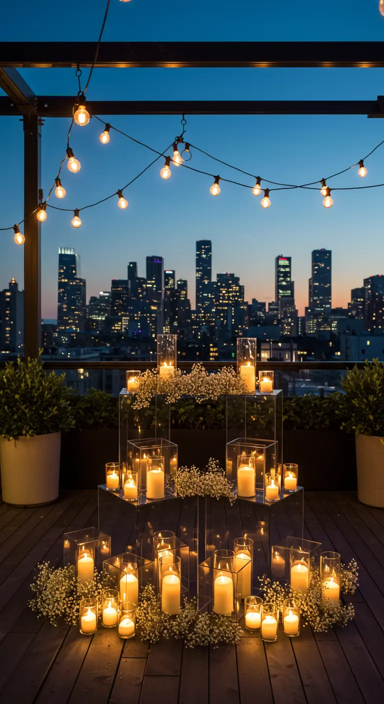 Altar de boda en una azotea con pedestales de acrílico, velas y vistas al skyline de la ciudad.