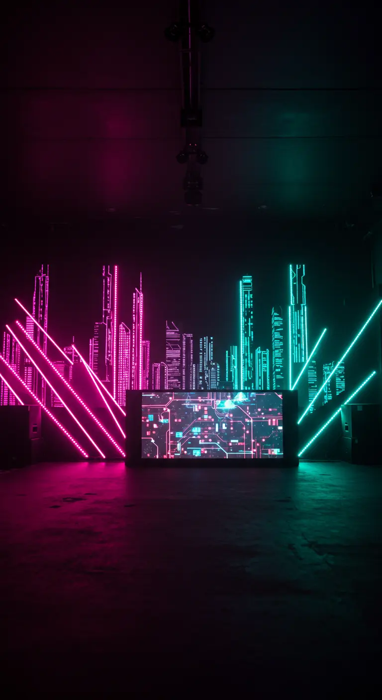 Silueta de una ciudad hecha con luces de neón rosa y turquesa detrás de una mesa de DJ.
