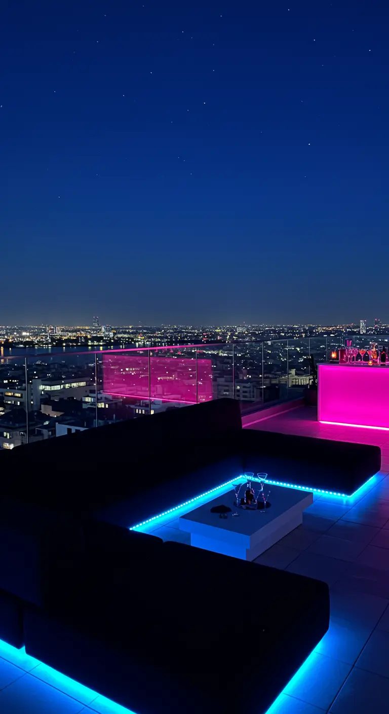 Terraza moderna con luces LED azules y fucsias bajo los sofás y la barra, con vistas a la ciudad