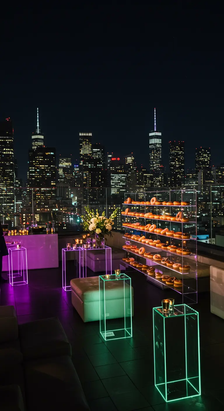 Expositores de acrílico iluminados con luces LED de colores, llenos de donuts en una azotea por la noche.