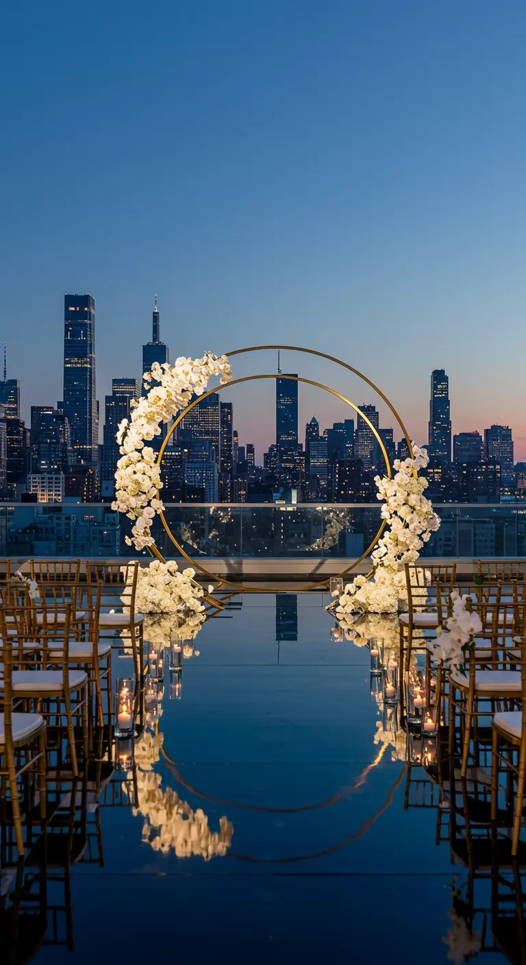 Arco de boda de doble círculo dorado con orquídeas blancas en una azotea con vistas a la ciudad.
