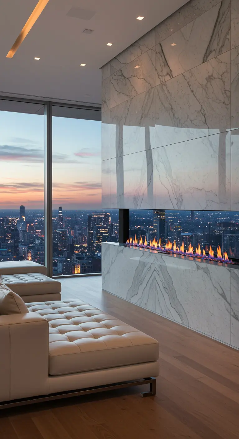 Ático de lujo con una chimenea lineal de mármol y vistas panorámicas de la ciudad.