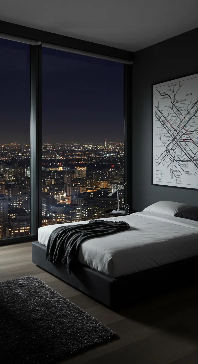 Dormitorio moderno y oscuro con una gran ventana que muestra un skyline nocturno y un mapa en la pared.