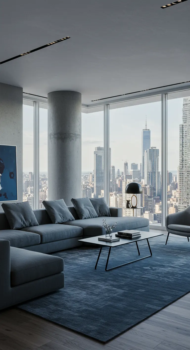 Sala de estar moderna en un ático con un gran sofá seccional gris y vistas panorámicas a la ciudad.