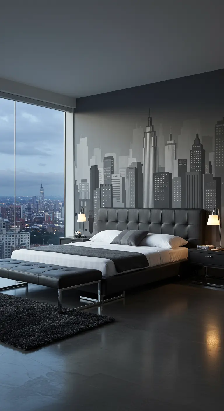 Mural de un skyline de ciudad en escala de grises en un dormitorio moderno.