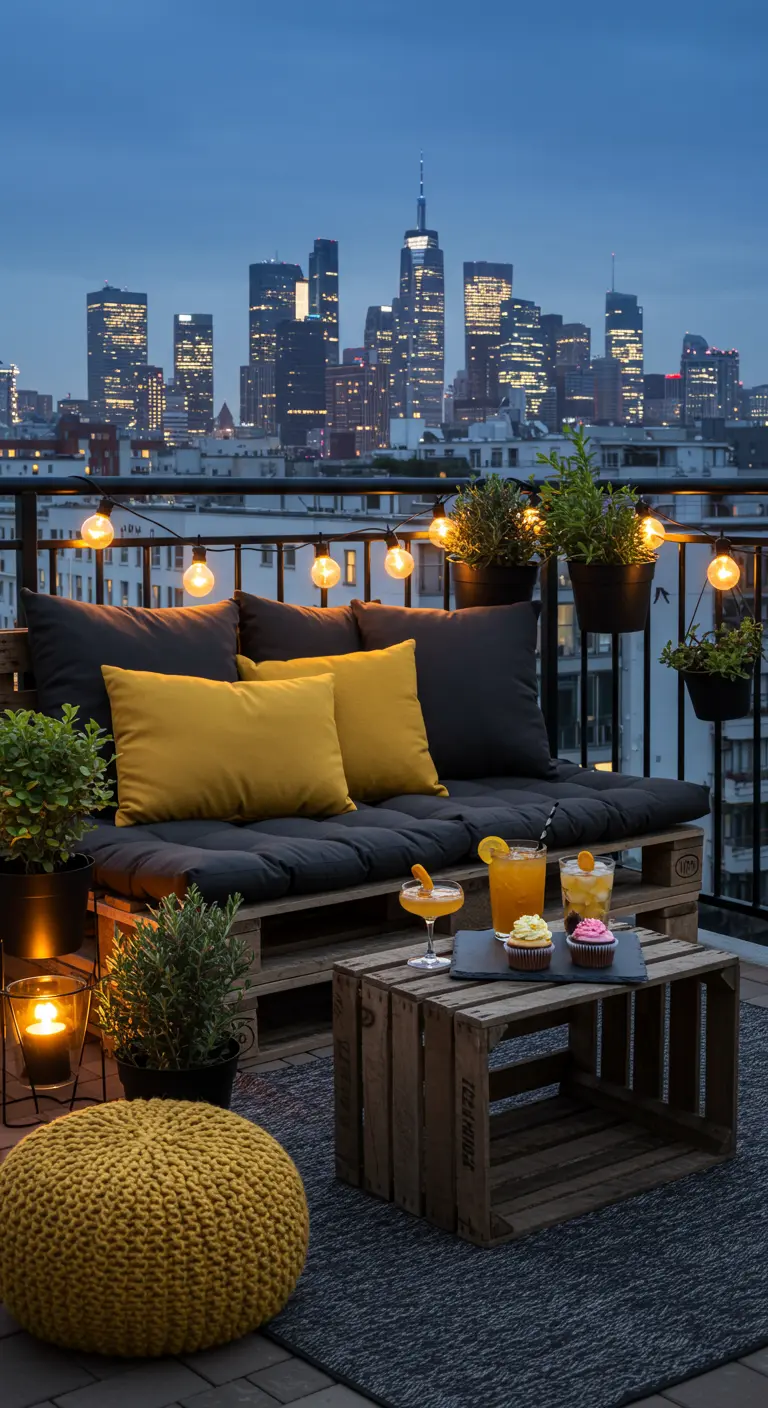 Balcón urbano con sofá de palets, cojines amarillos y vistas nocturnas a la ciudad.