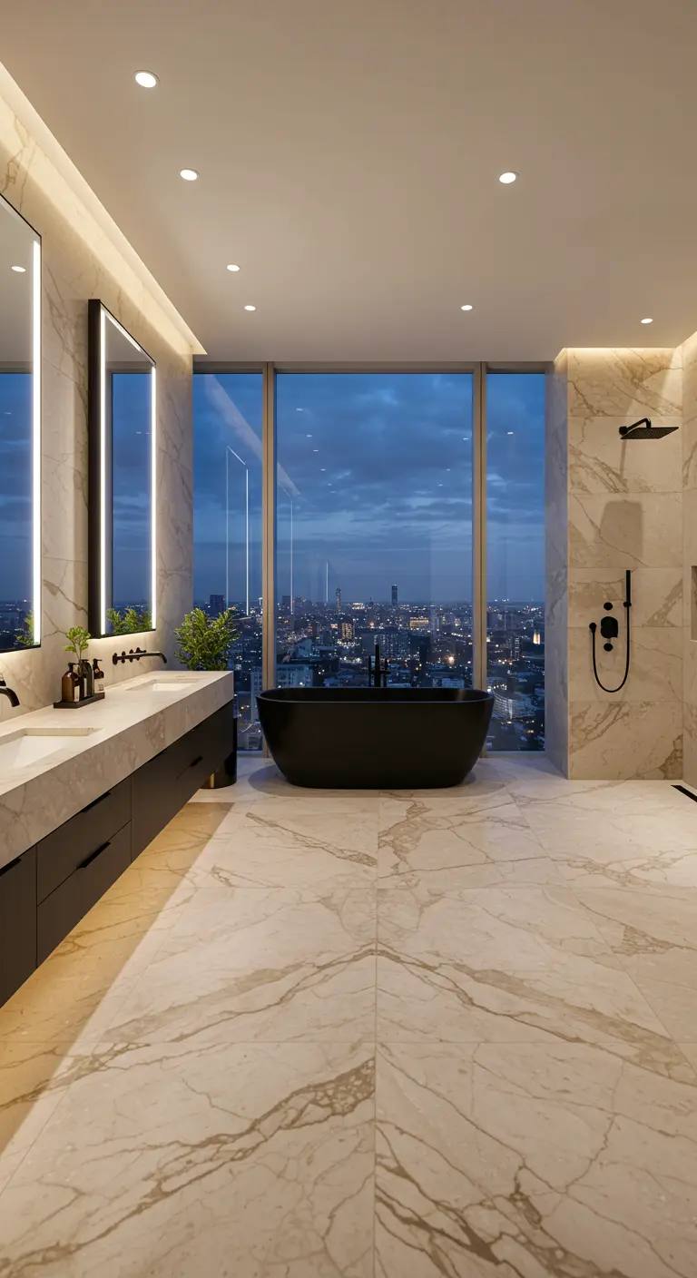 Baño de lujo con bañera negra mate, suelo de mármol y vistas panorámicas a la ciudad