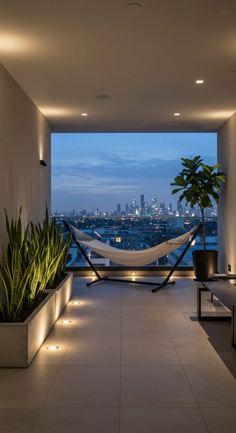 Balcón moderno y minimalista con hamaca blanca, jardineras iluminadas y vistas a la ciudad