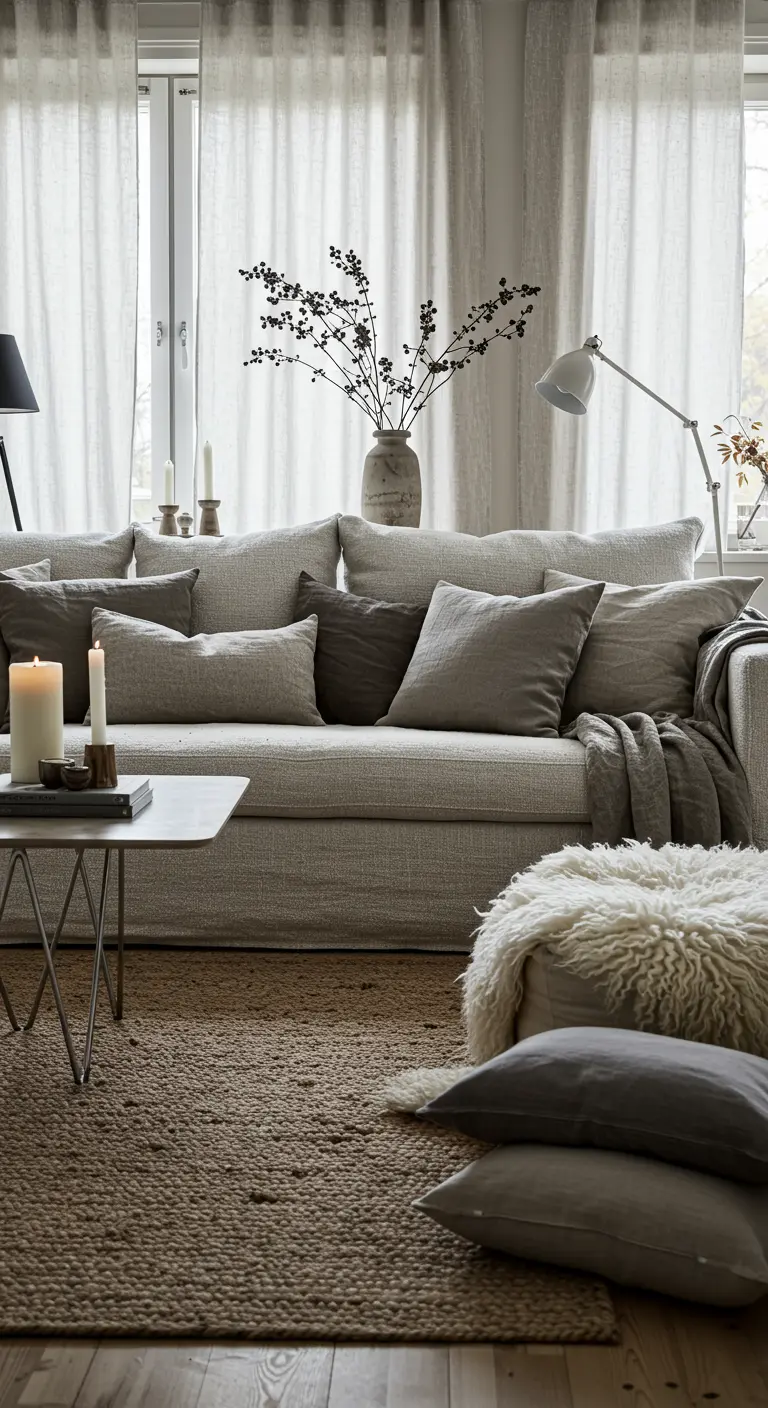 Salón acogedor con sofá de lino lleno de cojines, manta de pelo y alfombra de yute