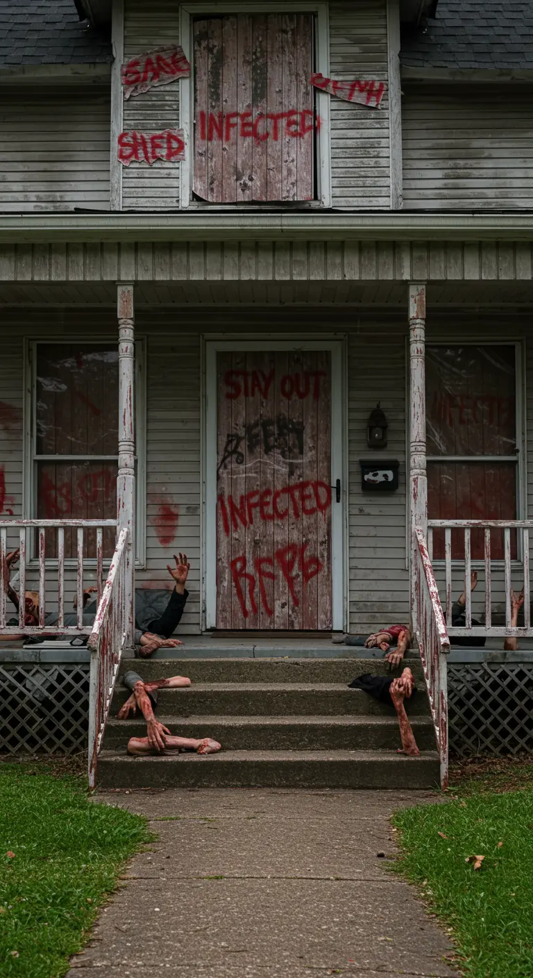 Porche de una casa abandonada con ventanas tapiadas, mensajes sangrientos y brazos de zombis.