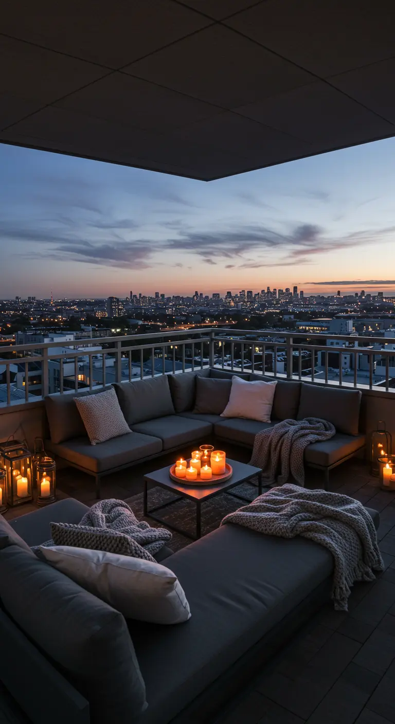 Amplia terraza con un gran sofá esquinero, mantas, y una mesa de centro llena de velas.