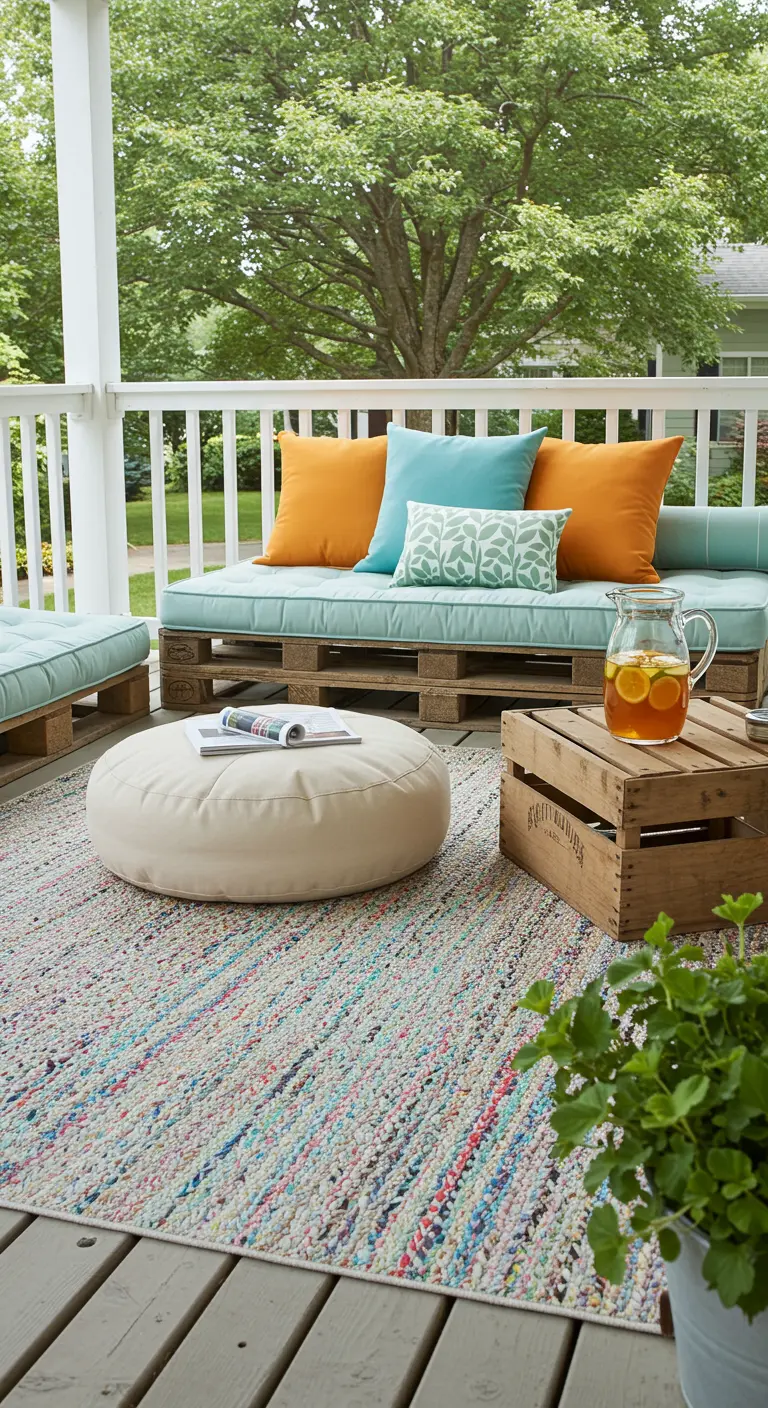 Sofá de palets en un porche con cojines de color menta, naranja y turquesa sobre una alfombra de colores.